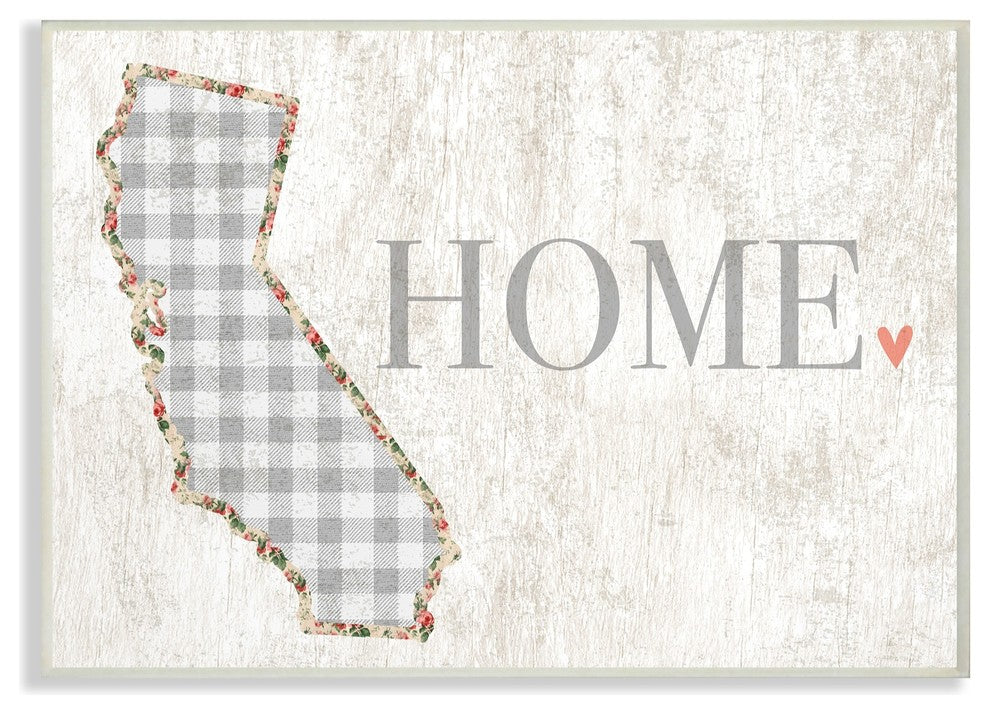 California Gray Gingham & Floral Heart & Home Wall Plaque Art, 10"x15"