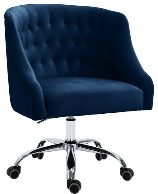 Elegant Office Chair, Velvet Seat & Buttonless Tufted Round Back, Navy/Chrome