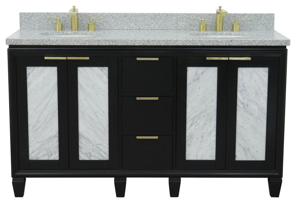 61" Double Sink Vanity, Black Finish With Gray Granite And Oval Sink