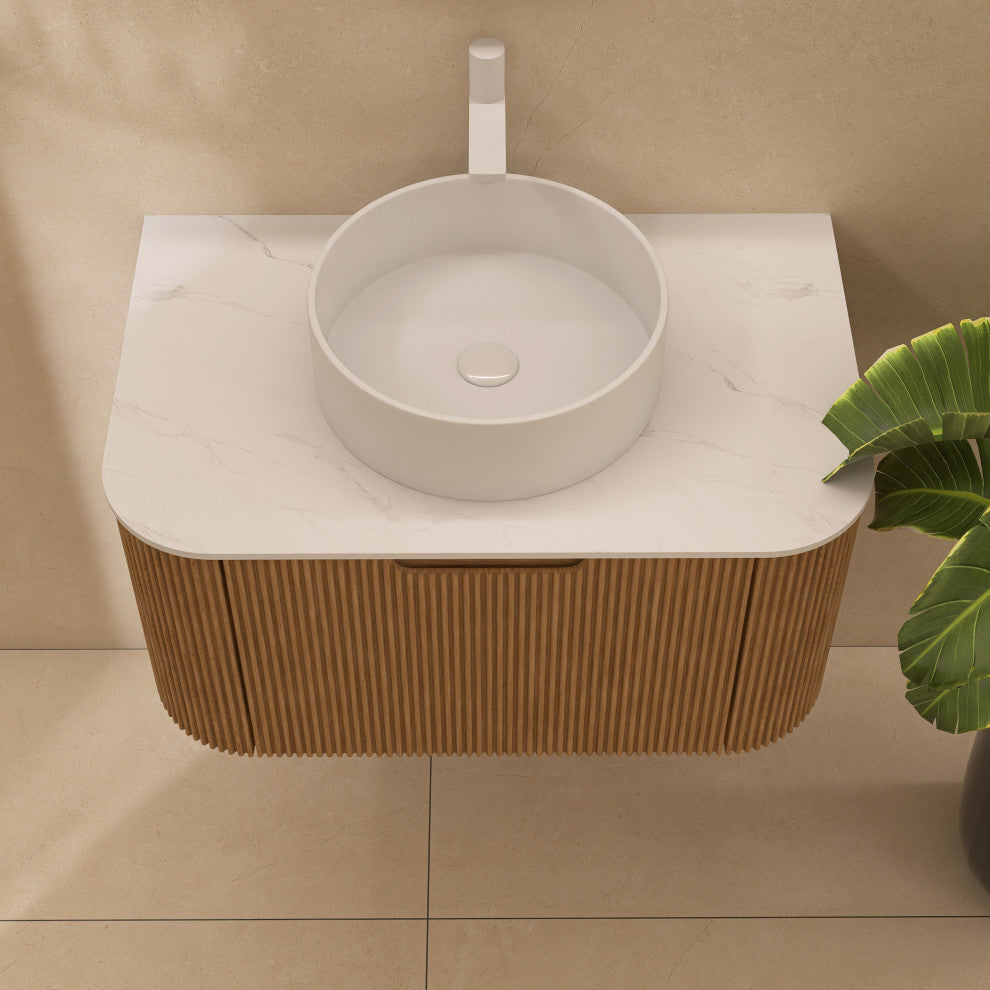 Wall-Mounted Bathroom Vanity With White Round Ceramic Basin, Natural Wood, 30"