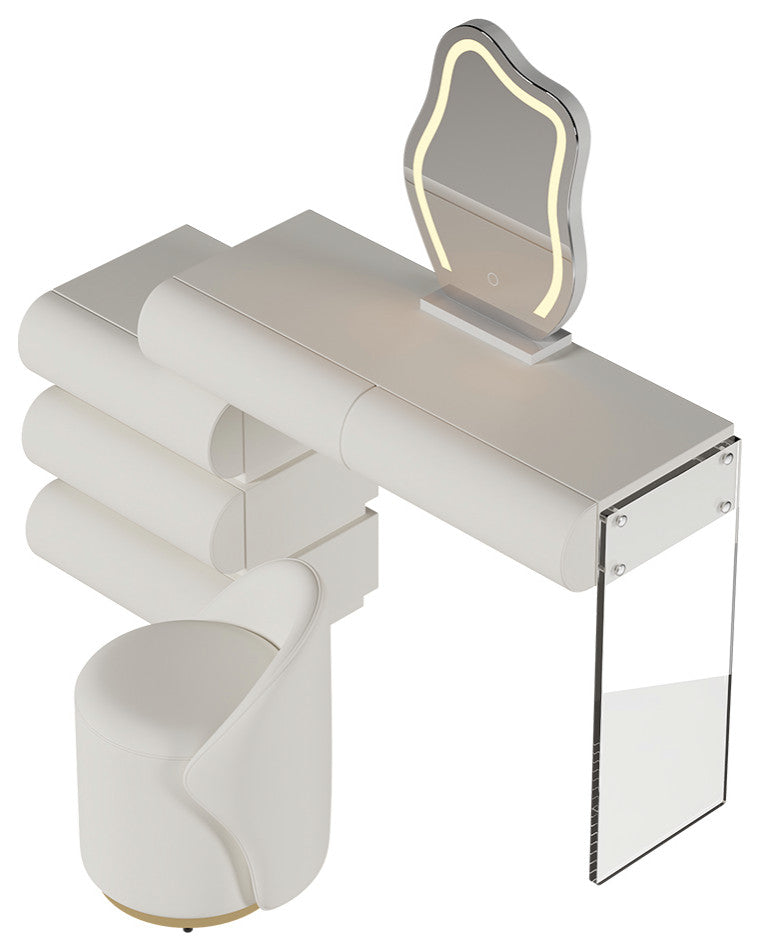 Modern Vanity Set PU Leather Dressing Table With Stool/LED Mirror, Off-White