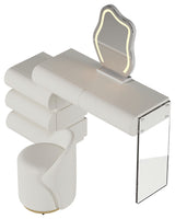 Modern Vanity Set PU Leather Dressing Table With Stool/LED Mirror, Off-White