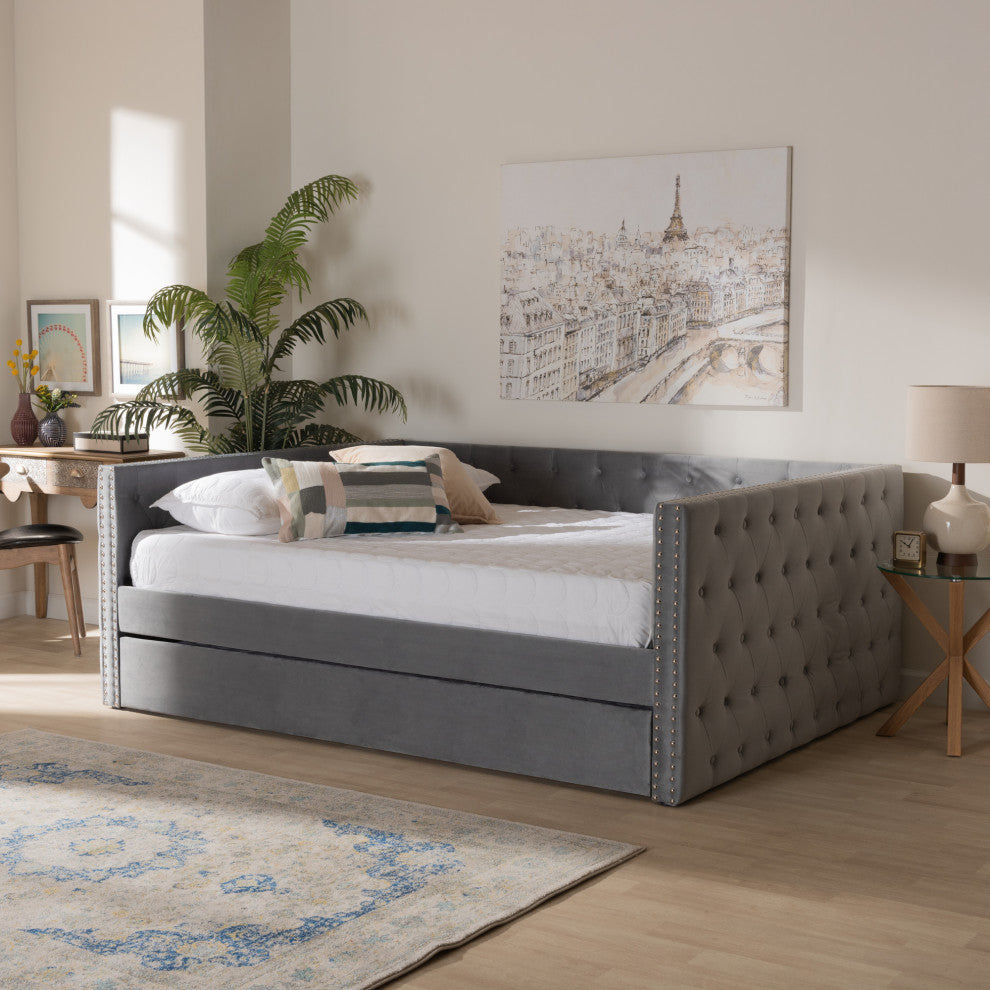 Elara Classic Velvet Daybed With Trundle, Queen Size, Gray