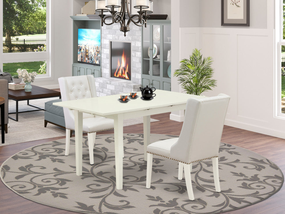 3Pc Dining Set, 1 Butterfly Leaf Table, 2 Light Grey Chair, Linen White