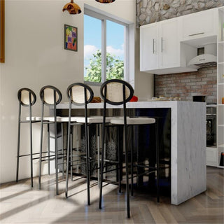 LeisureMod Euston Wicker Bar Stool with Black Metal Frame Set of 2 Beige