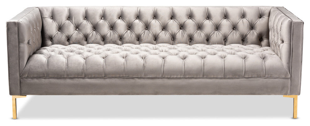 Davy Glam and Luxe Gray Velvet Gold Finished Sofa