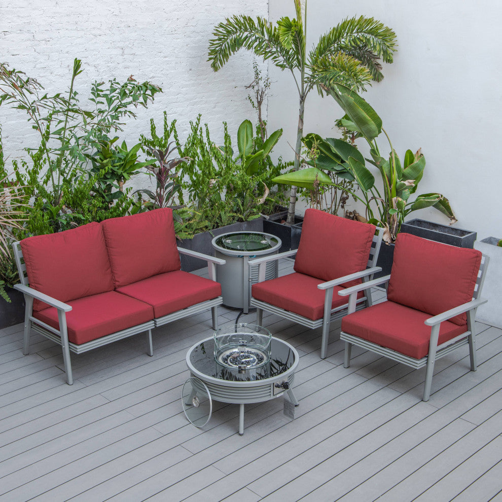 LeisureMod Walbrooke Patio Sofa Set With Round Fire Pit Table, Red