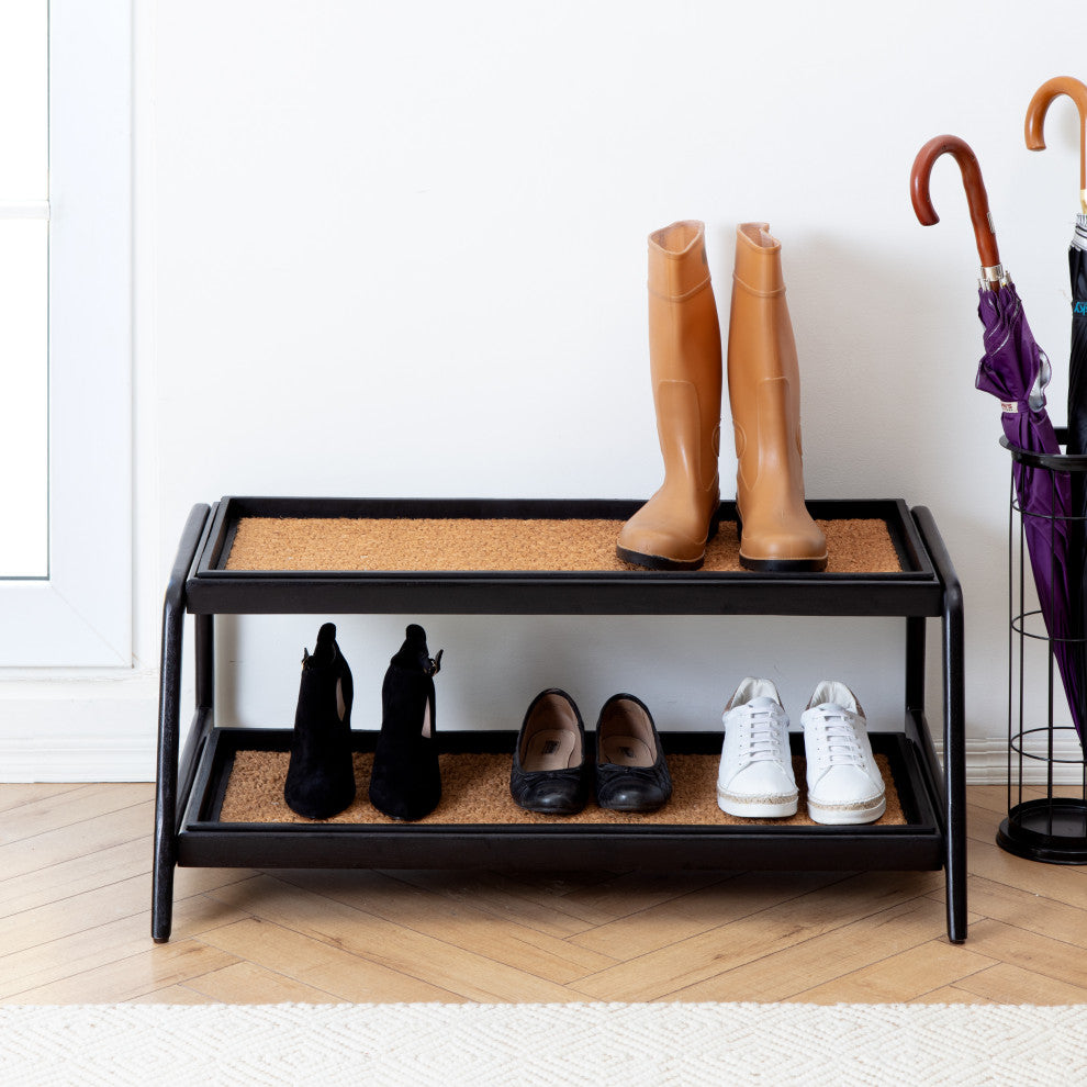 Double-Tier Black Stand With 3-Pair Rubber Boot Trays Smoked Oak
