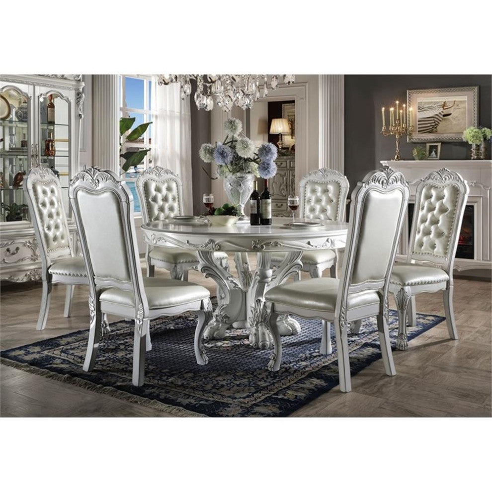 ACME Dresden Round Wooden Top Dining Table with Pedestal Base in Bone White
