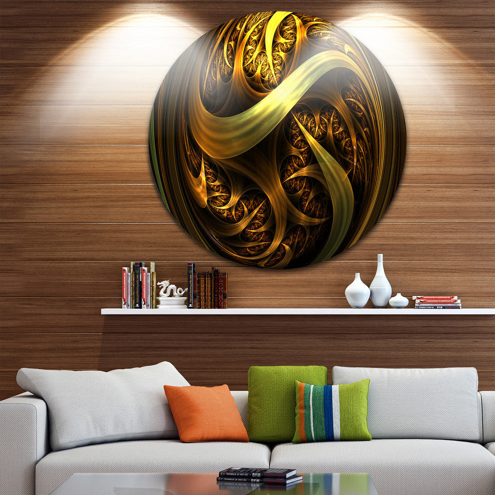 Golden Fractal Sphere In Dark, Abstract Abstract Disc Artwork, 23"