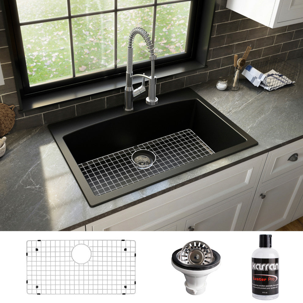 Karran Drop-In Quartz Composite 33" 1-Hole Single Bowl Kitchen Sink Kit, Black