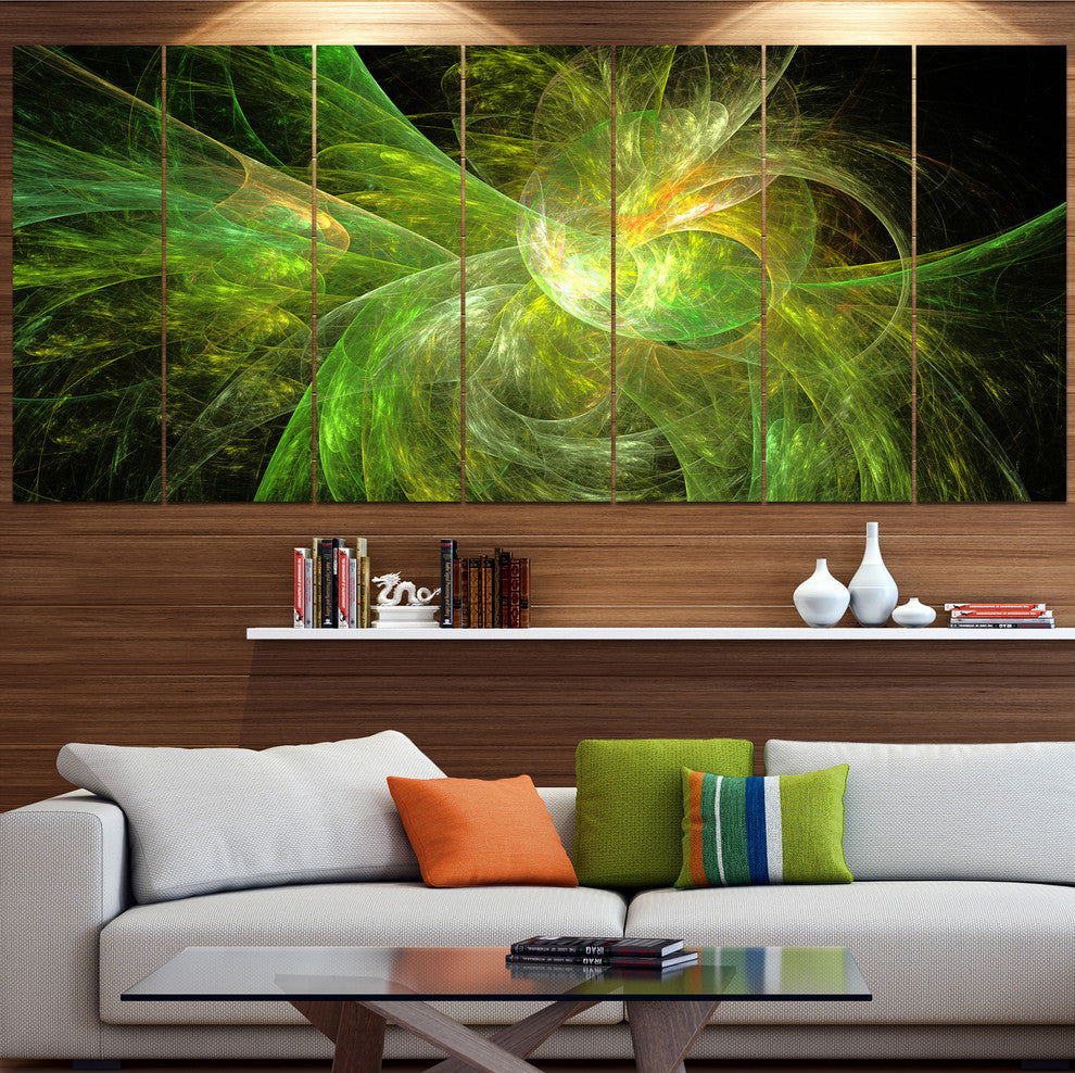 Green on Black Fractal Illustration, Abstract Canvas Print, 83"x32", 7 Panels