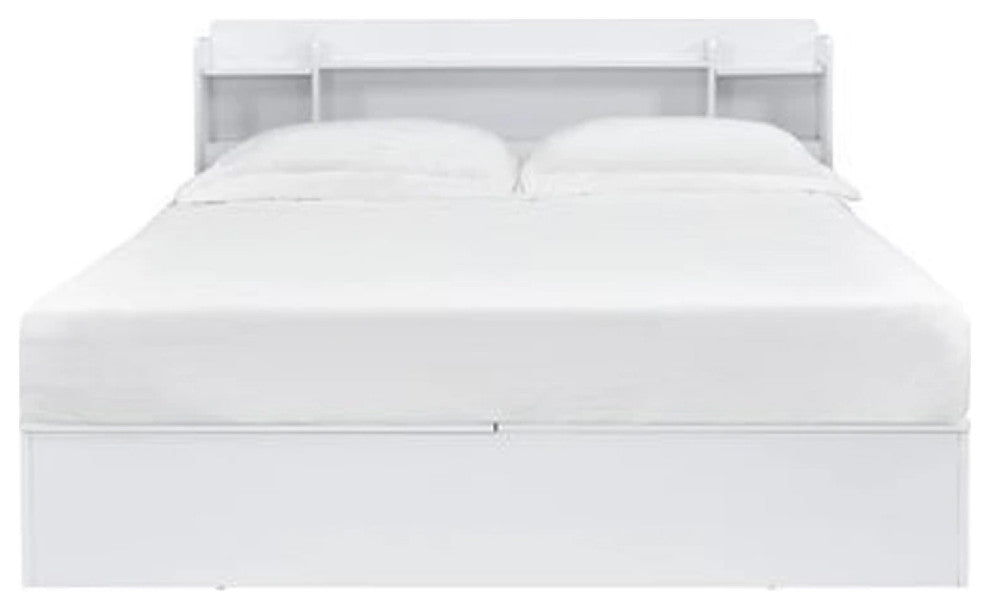 Benzara BM269599 Queen Bed With 6 Under Compartments & Storage Headboard, White