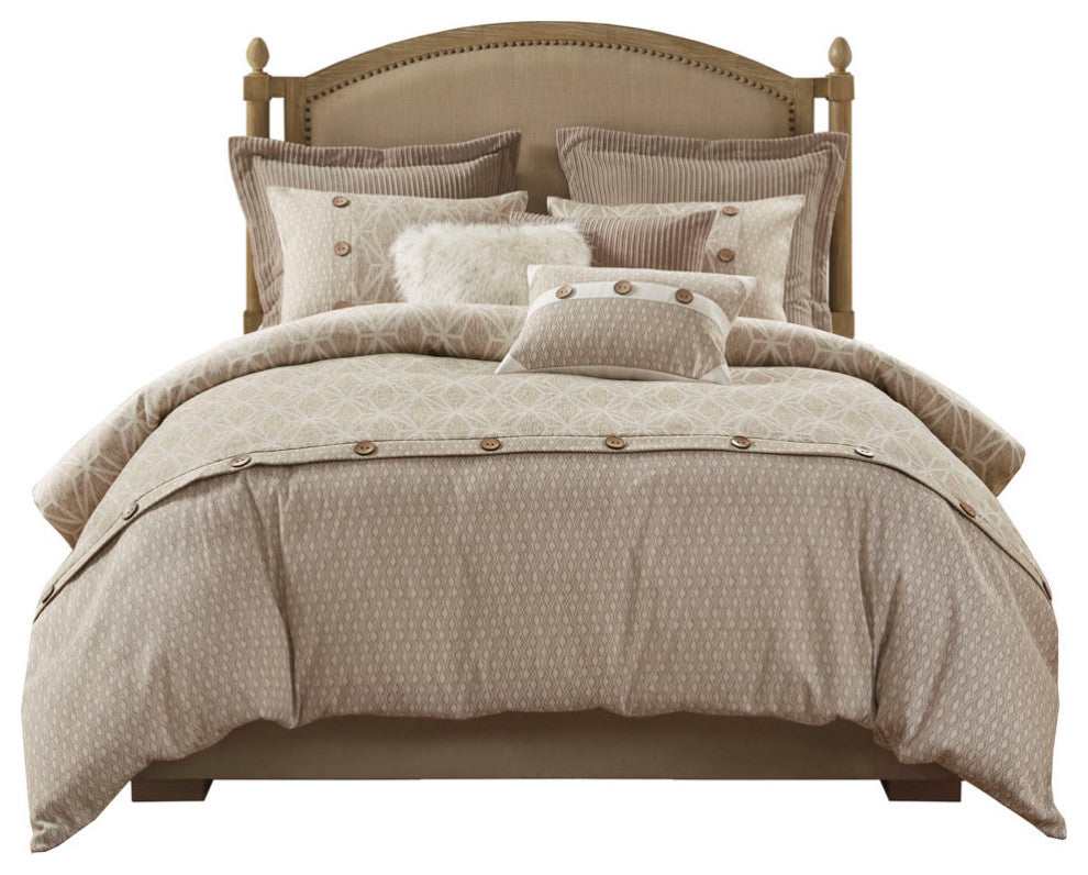 Madison Park Signature Grace Button Accent Taupe Duvet Cover Set w Insert, King