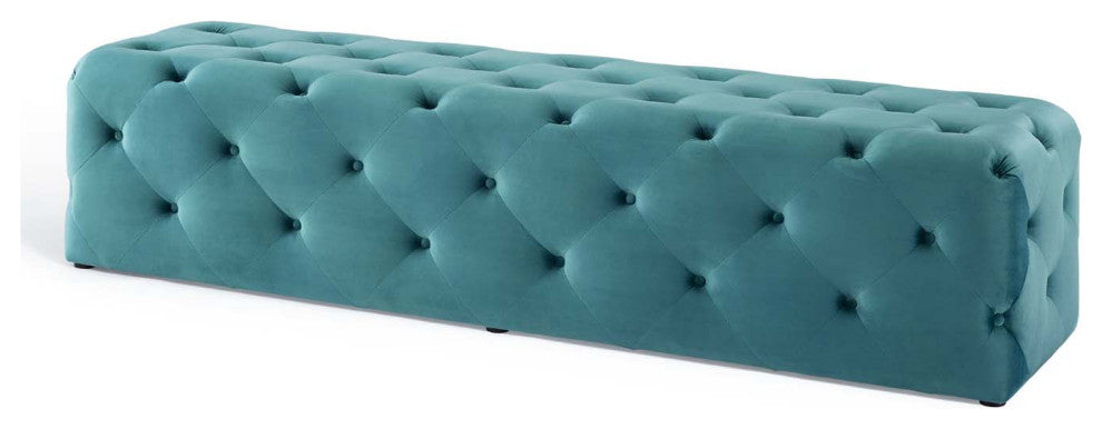 Tufted Accent Chair Bench, Velvet, Blue, Modern, Living Lounge Hotel Hospitality
