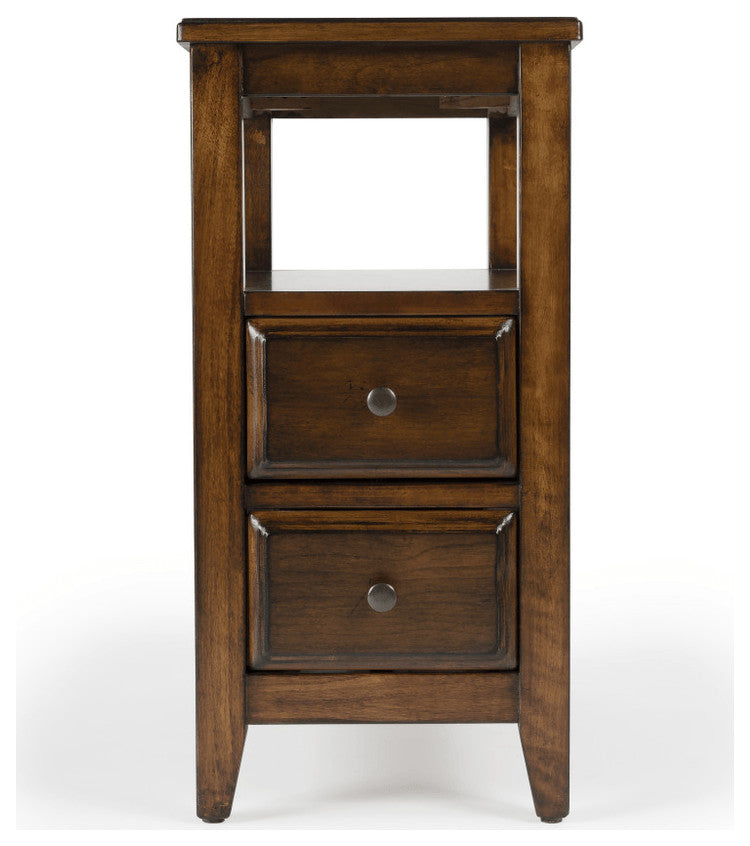 24" Cherry Brown Narrow End Table With Two Drawers And Shelf