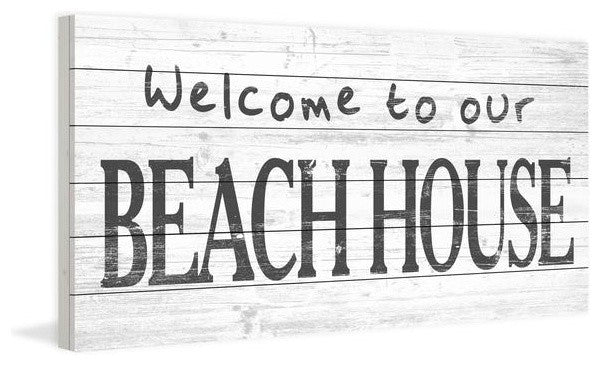 "Welcome to Our Beach" Painting Print on White Wood, 40"x20"