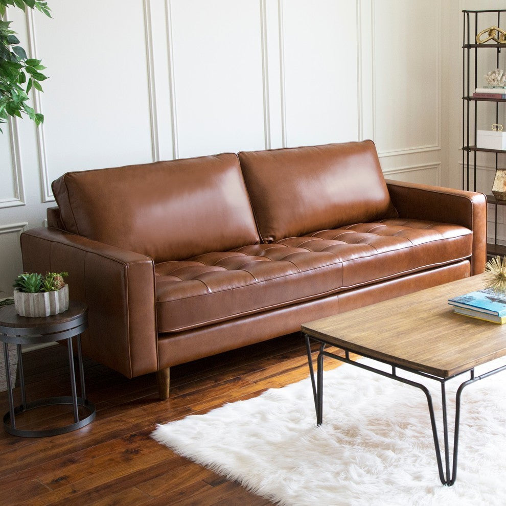 Hammond Mid-Century Leather Stationary Sofa, Camel Brown