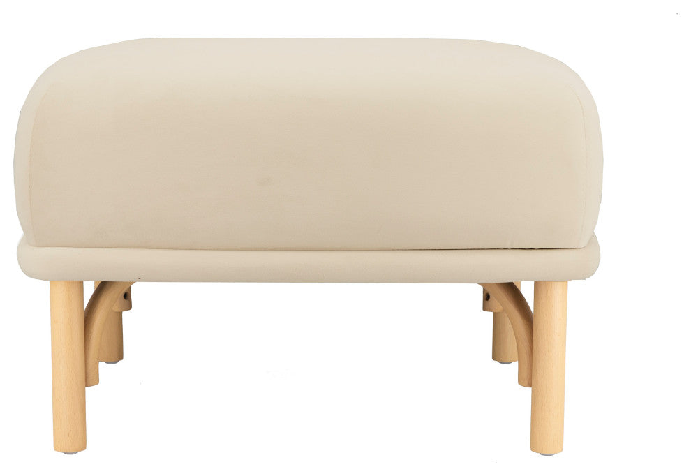 Desiree Velvet Ottoman, Boho Chic Coastal Beachwood Footstool, Cream