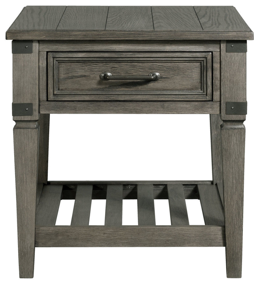 Foundry 24" Wide End Table With Drawer and Shelf, Brushed Pewter