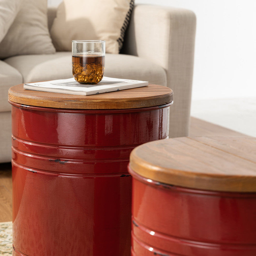 Farmhouse Metal With Solid Wood Seat Storage Stool, Set of 2, Red