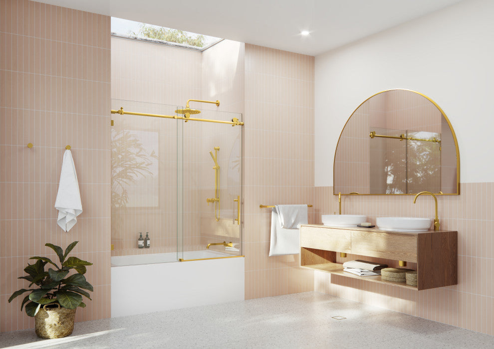 52-56"x60" Frameless Bath Tub Sliding Shower Door, Satin Brass