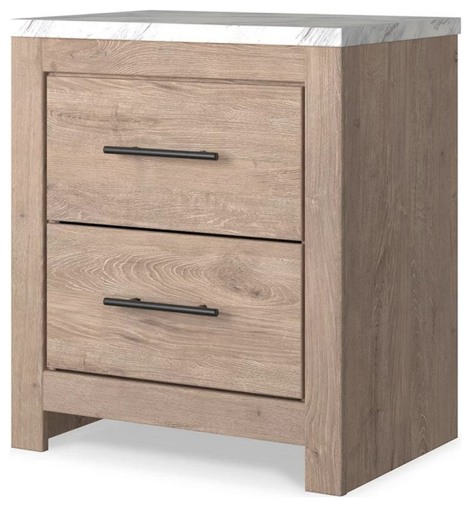 Benzara BM283333 25" Rustic Wood Nightstand, 2 Drawers, White Marble Top, Brown