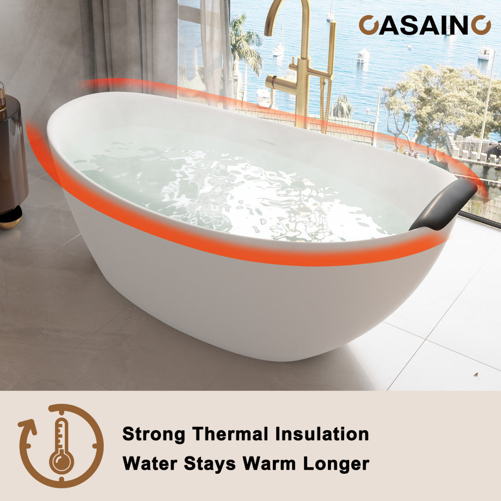 59in White Solid Surface Freestanding Soaking Bathtub with Drain, 67in