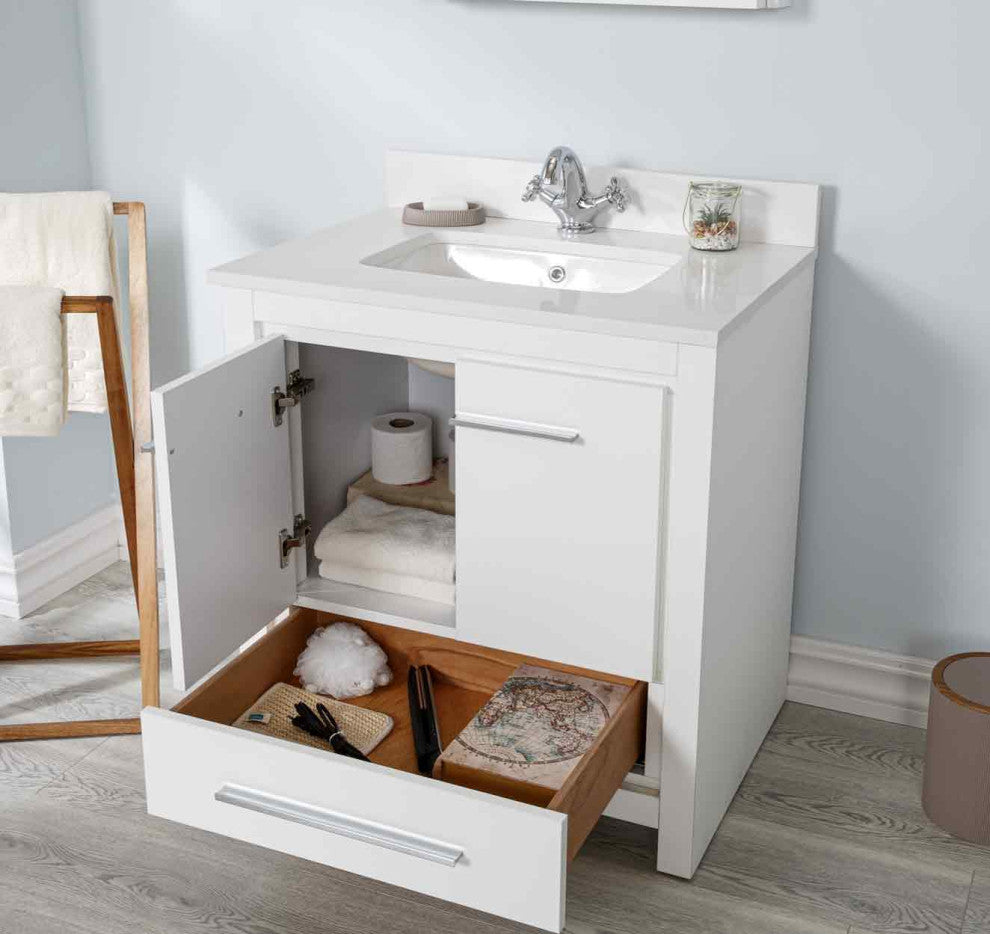 Mila Collection 30" Bathroom Vanity With Sink, Mirror, Countertop, Snow White