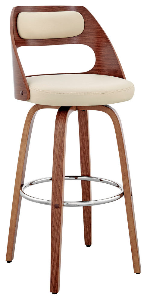 Julius Faux Leather and Wood Bar Stool, Cream and Walnut, 26"