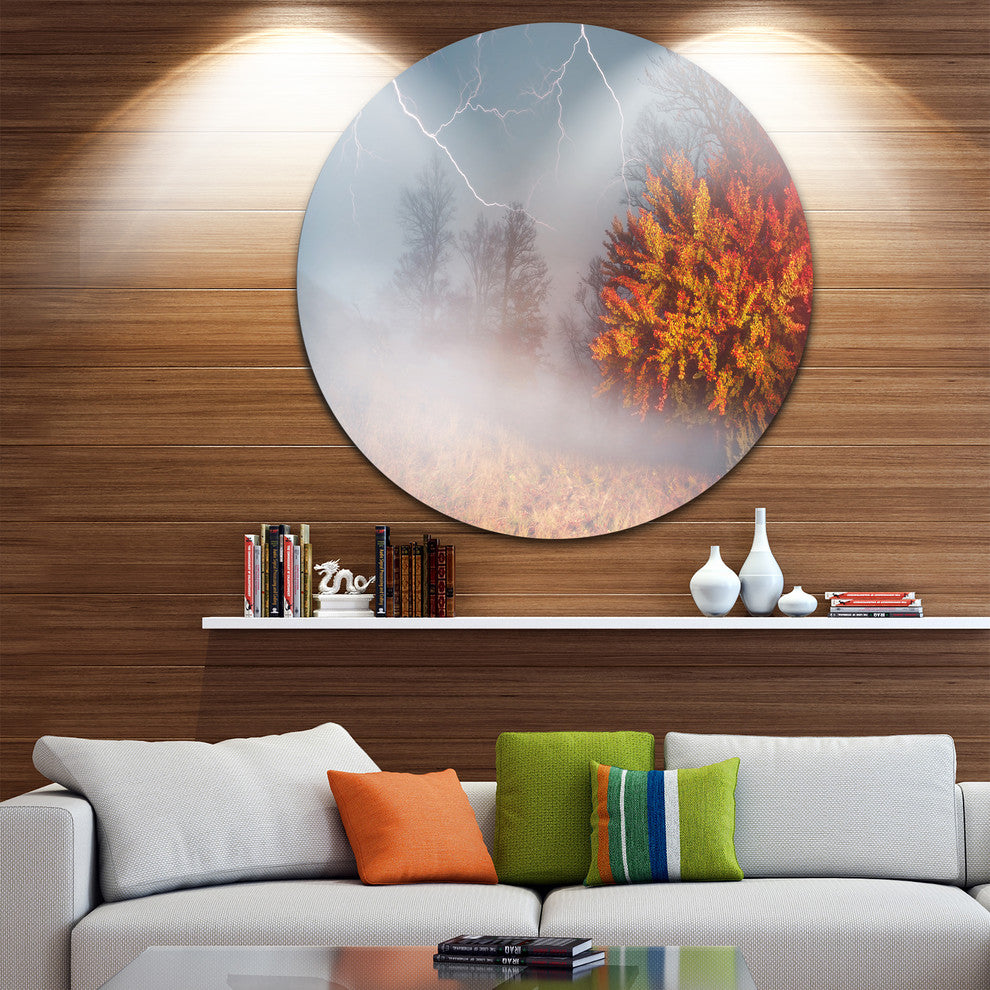Storm And Lighting In Autumn Forest, Landscape Round Wall Art, 38"