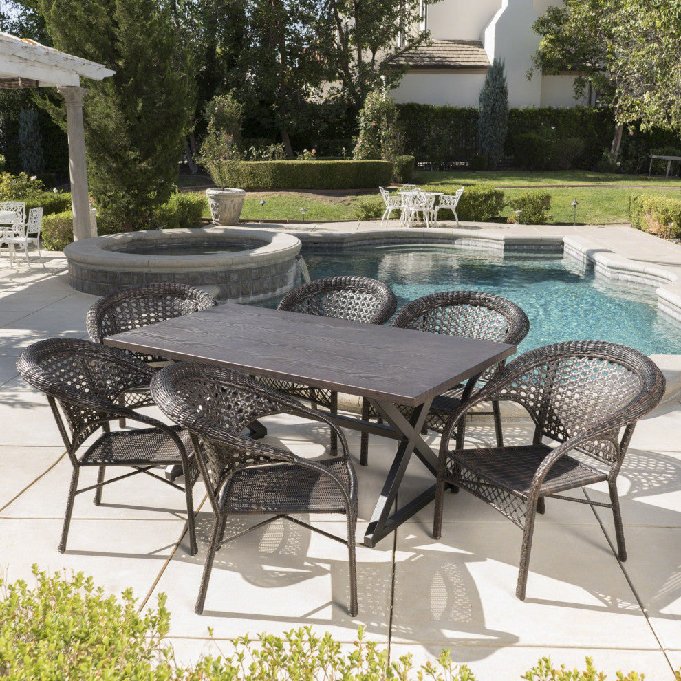 GDF Studio 7-Piece Solloom Outdoor Wicker Dining Set, Multi-Brown