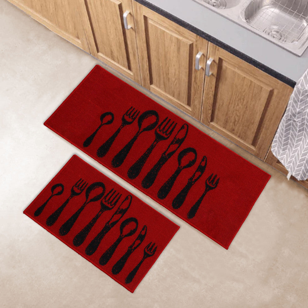 Wool-Effect Kitchen Mat With Chic Cutlery Print, Red, Set of 2