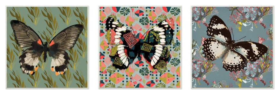 Butterflies On Pink Blue Gold Patterns Abstract Designs 3-Piece Set, 12"x12"