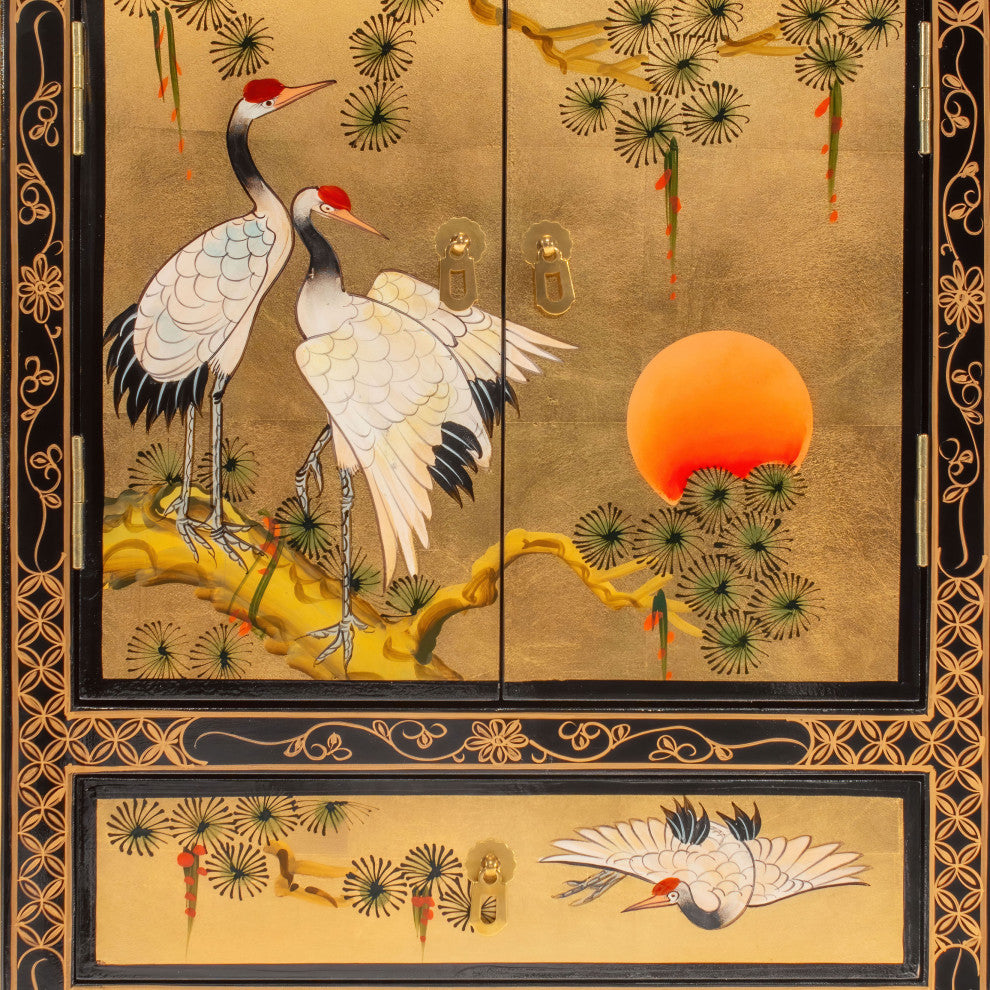 Gold Lacquer Corner Cabinet Cranes