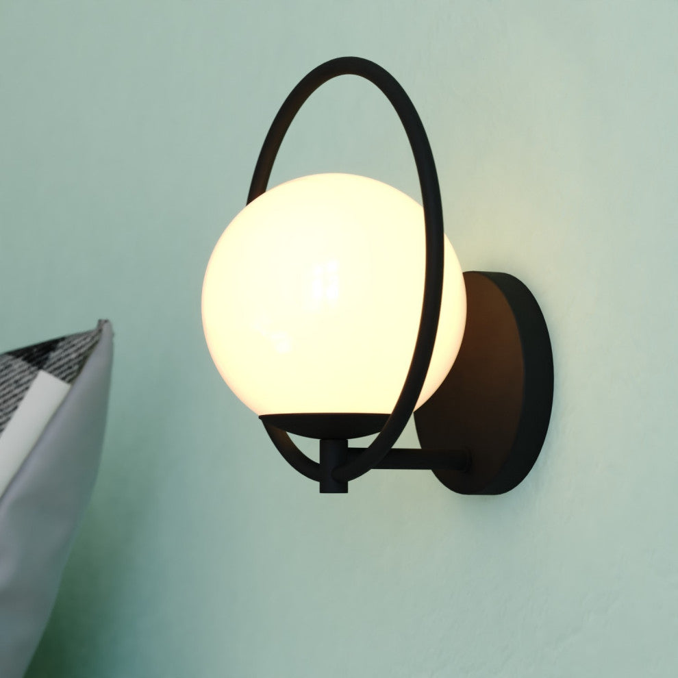 Bucktown 1-Light Mid-Century Modern Wall Sconce White Globe Glass, Matte Black