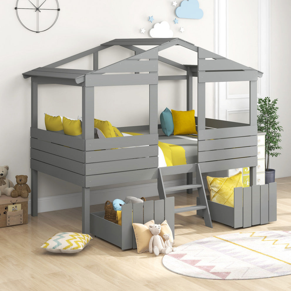 Twin Size Loft Bed With Two Drawers Windows And Roof Design Gray
