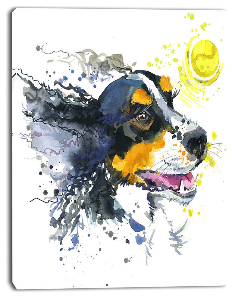 Dog and Yellow Ball Watercolor, Abstract Canvas Art Print, 12"x20"