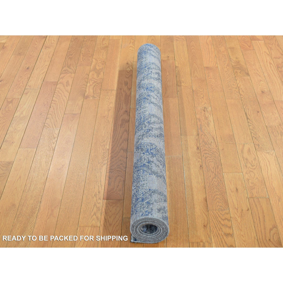 Gray, ERASED ROSSETS, Silk With Textured Wool, Hand Knotted, Rug, 4'9"x7'