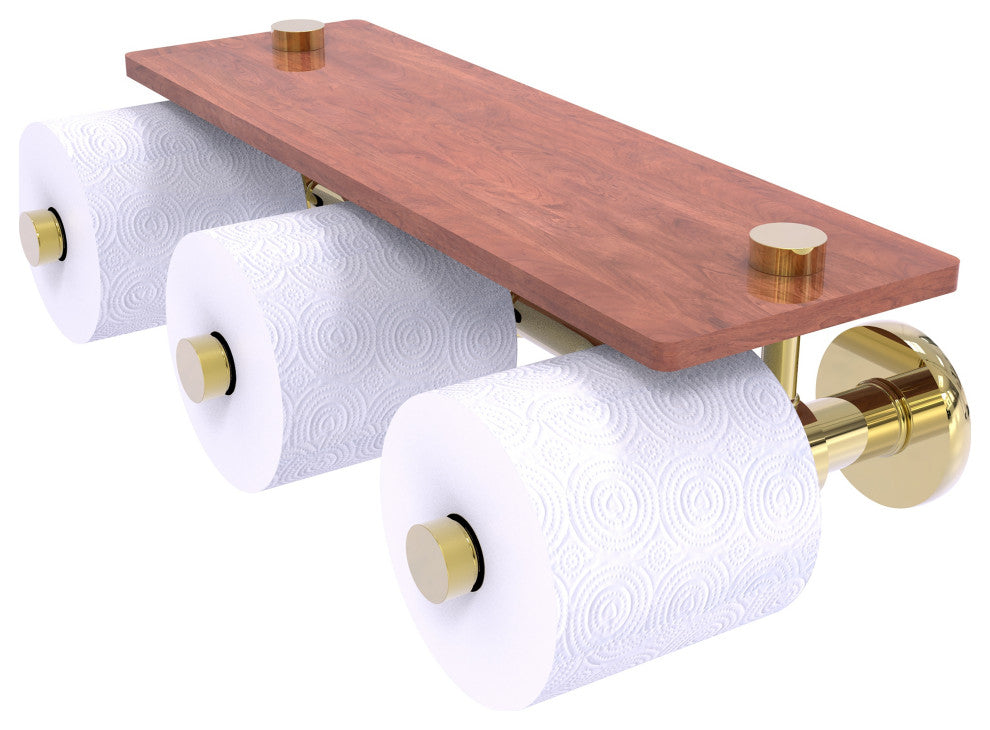 Prestige Skyline 3-Roll Toilet Paper Holder with Wood Shelf, Unlacquered Brass