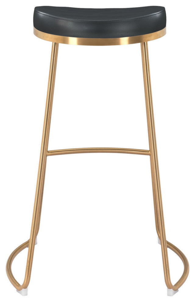 Bar Stool Chair Barstool, Set of 2, Faux Vinyl Leather, Steel, Black, Gold
