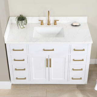 Gavino Vanity with Grain White Composite Stone Top, White/Brushed Gold, 48", No Mirror