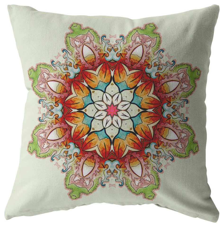 20" Orange Green Mandala Decorative Suede Throw Pillow