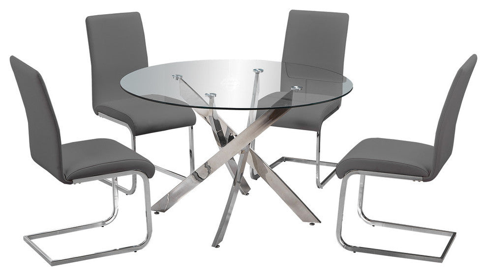 Alison 5-Pieces Modern Dinette Set With Glass Top, Gray