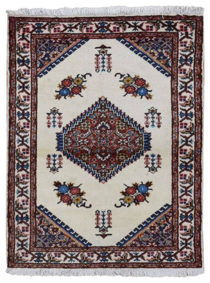 Ivory New Bohemian Karabakh Pure Wool Hand Knotted Rug 3'3" x 4'3"