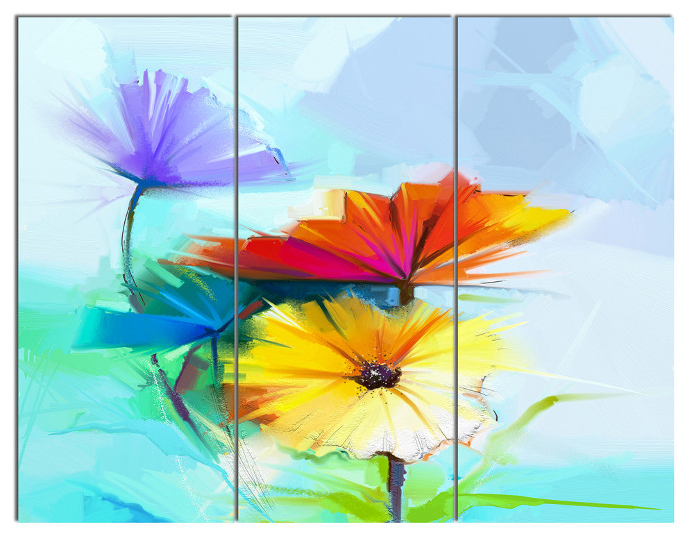 Amazing Watercolor of Spring Daisies, Floral Canvas Art Print, 36x28, 3 Panels
