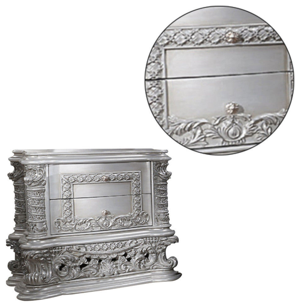 Benzara BM275516 Wood Nightstand, 2 Drawers, Ornate Carving, Gray/Light Gold