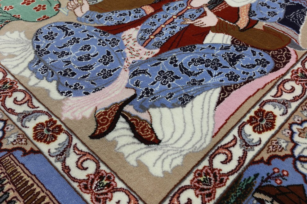 Authentic Persian Isfahan Pictorial Scene Hand Knotted Wool and Silk Rug, 4x6
