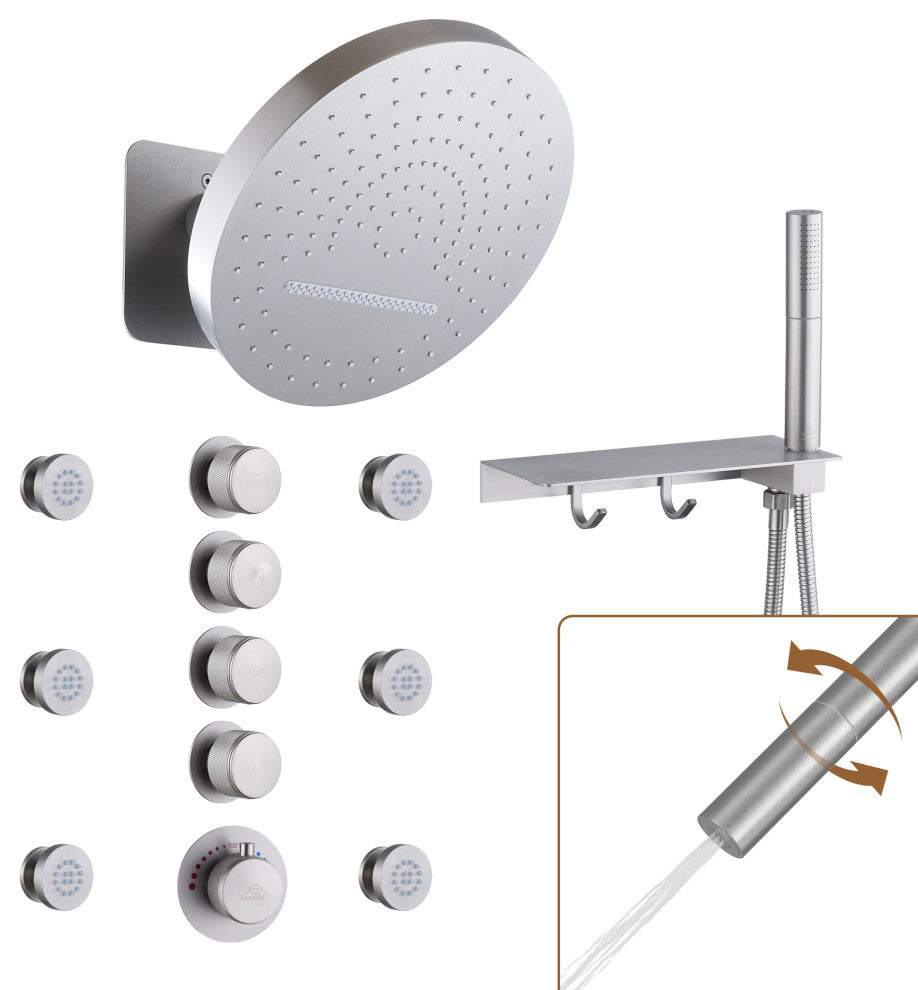 12inch Adjustable Shower Head With Shelf and Spray Gun Function, Brushed Nickel
