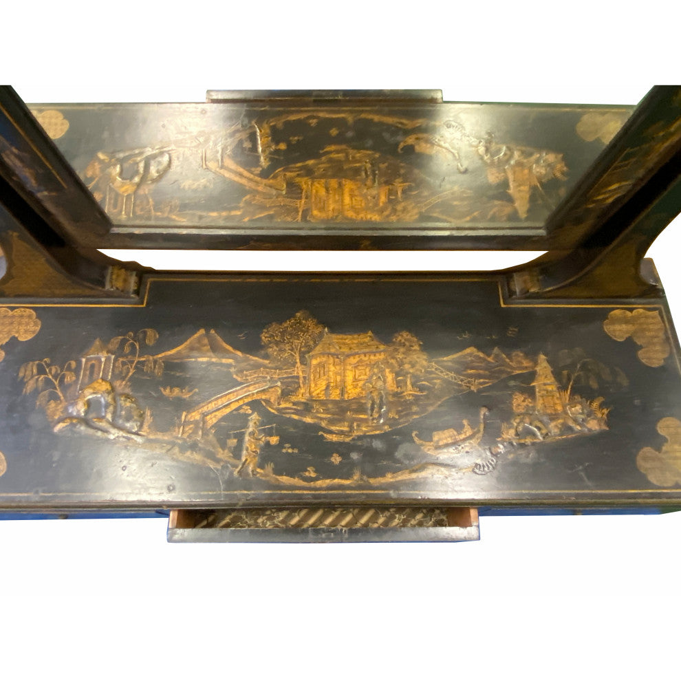 Chinese Vintage Golden Scenery Black Lacquer Mirror Chest Hcs7052